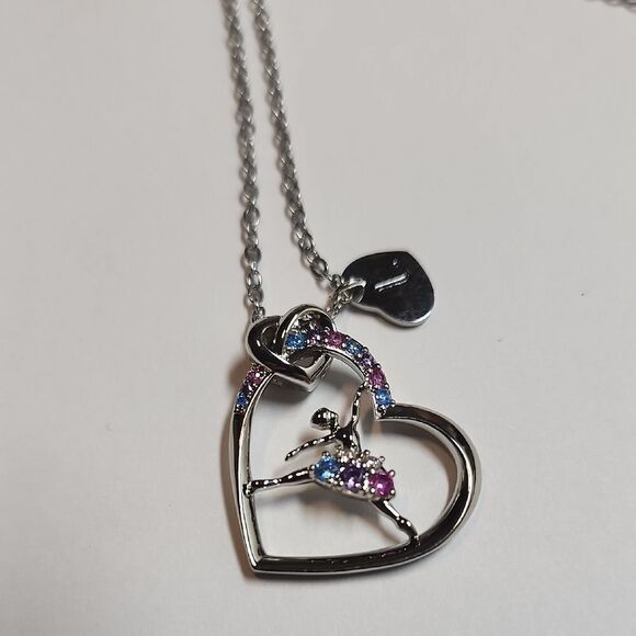 Elegant Silvertone Heart Pendant Ballet Dancer Necklace "L" initial Charm - Picture 1 of 2